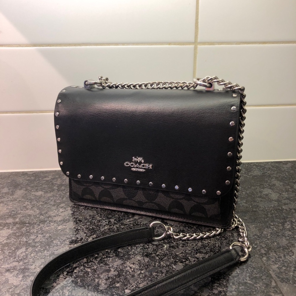 Coach Black KLARE Crossbody in Signature Canvas with Rivets and Chain Strap Bag